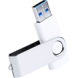 A white USB flash drive with a swivel design and a metallic section. Features a logo on the side.