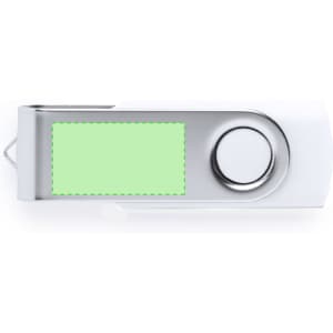 A white and silver USB flash drive with a sliding cover and a circular button, featuring a blank area for custom branding.