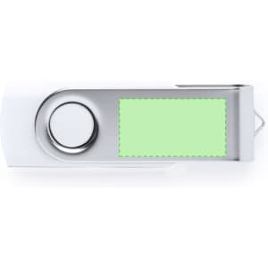 A white and silver USB memory drive with a rotating cover and a blank area for custom branding.