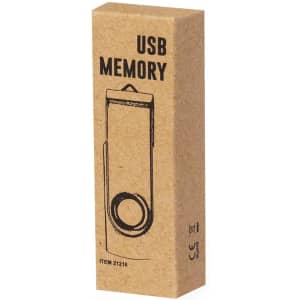 A brown cardboard box containing a USB memory drive, featuring a simple design and a circular attachment point.