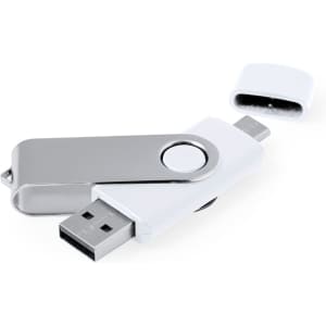 A white and silver USB flash drive with a swivel design and a removable cap. It has a logo on the side.