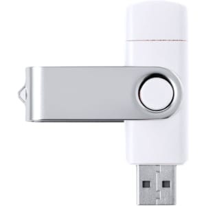 A white USB flash drive with a silver swivel mechanism and a USB connector. It features a logo on the side.