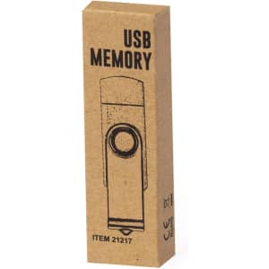 A USB memory drive in a brown cardboard packaging with a simple design and a logo.