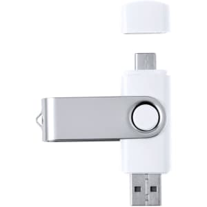 A white and silver USB flash drive with a swivel design and a removable cap. It features a logo on the body.