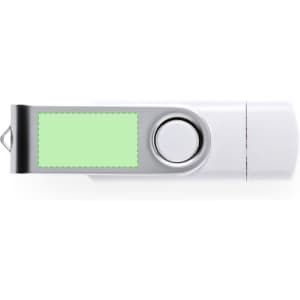 A white USB memory drive with a green, blank area for customisation. It features a silver swivel cap and a keyring loop.