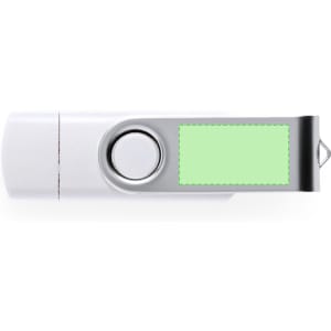 A white USB memory stick with a silver swivel cover and a green label area for customisation.