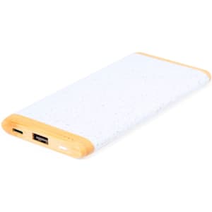 A power bank featuring a white body with a light wood trim, including USB ports. It has a sleek, modern design.