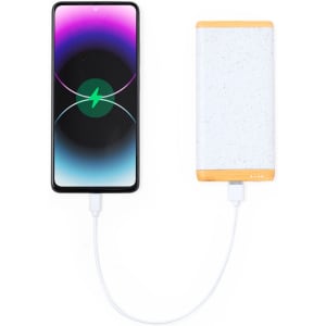 A power bank in white with a wooden accent connected to a smartphone, both on a plain background.