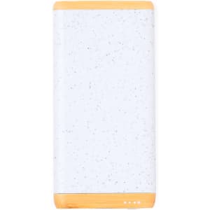 A white and speckled power bank with a bamboo bottom and a small logo. Features three indicator lights.