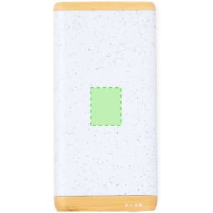 A white and speckled power bank with a bamboo trim and a logo on the side.