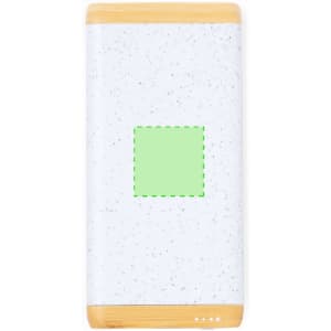 A white power bank with a speckled design and bamboo accents, featuring a branding logo.