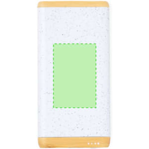 A white and bamboo power bank with a speckled design and a branding logo.
