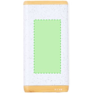 A white speckled power bank with a bamboo base, featuring a blank green area and three indicator lights.