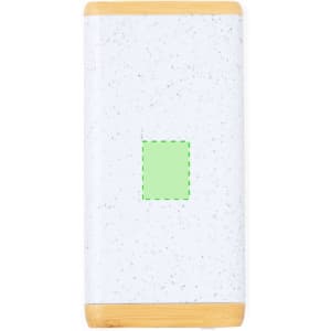 A power bank with a speckled white surface and bamboo accents, featuring a green square in the centre.