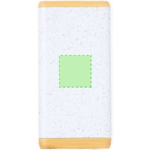 A white power bank with a speckled design and bamboo trim, featuring a green square area.