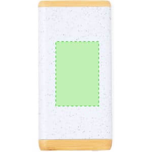 A rectangular power bank featuring a white speckled design with a bamboo base, and a blank area for branding.