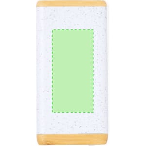 A rectangular power bank with a white speckled surface and bamboo ends, featuring a logo.