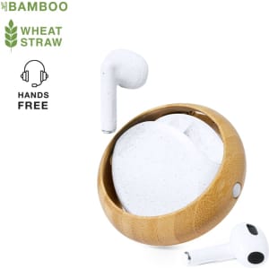 A pair of white earphones with a round bamboo case, featuring an eco-friendly design with logo branding.