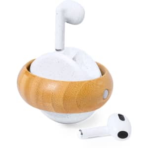 Krofin Earphones in white with a wooden holder, showcasing a sleek design for phone and technology use.