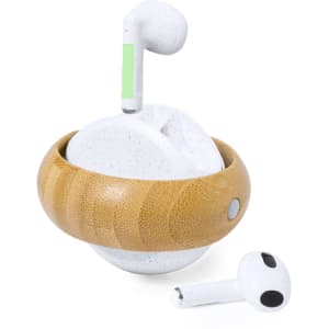 A pair of white earbuds with a bamboo charging case, featuring a logo on the case.