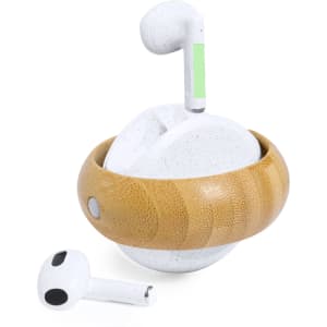 A pair of white earphones with a bamboo charging case, featuring a sleek design and modern aesthetics.