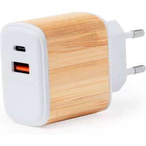 A USB charger with a bamboo design and white accents, featuring one USB-C and one USB-A port.