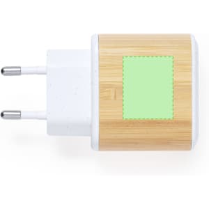A USB charger with a white plug and a bamboo textured body, featuring a blank green area for custom branding.