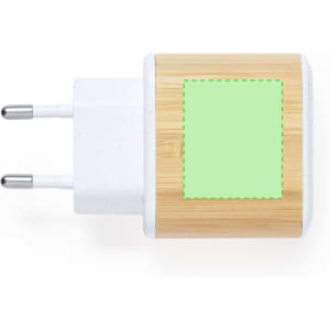 A USB charger with a wooden design and white accents, featuring a square area for custom branding.