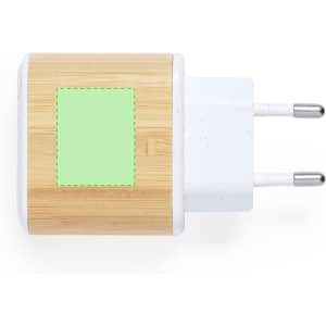 A USB charger featuring a bamboo body and white plug, with a blank green square area.