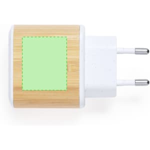 A USB charger with a bamboo casing and white plugs, featuring a blank area for custom branding.