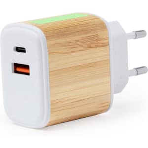 A USB charger with a bamboo design, featuring a USB-C port and a standard USB port, predominantly in white and natural wood tones.
