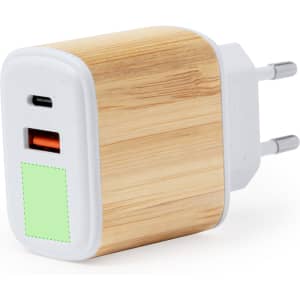 A USB charger with a bamboo design, featuring one USB-C port and one USB-A port. It has a white base and plug.