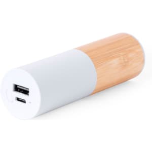 A cylindrical power bank with a wooden texture on one half and a white finish on the other, featuring USB ports.