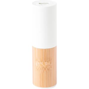 A cylindrical power bank featuring a white top and a bamboo base, equipped with a USB port.