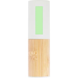 A power bank featuring a white top and a bamboo bottom, with a logo on the surface and a green label area.