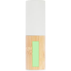 A cylindrical power bank featuring a white top section and a bamboo base, with a small logo on the side.
