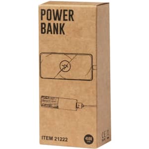 A kraft cardboard box containing a power bank. The design features a minimalist illustration and includes a cable.