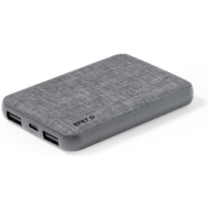 A grey power bank with a textured surface, featuring multiple charging ports and a branding logo.