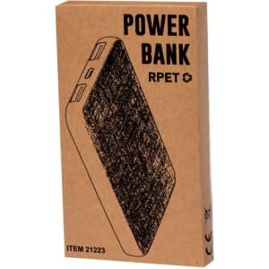 A power bank in a brown cardboard box, featuring multiple ports and an embossed texture. The packaging includes branding.