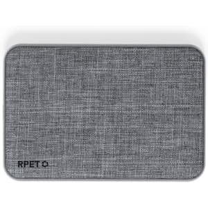 A grey power bank with a textured fabric finish, featuring a logo on one side.
