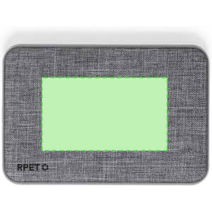 A grey power bank with a textured finish, featuring a green stitched outline and a logo.
