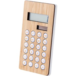 A bamboo calculator featuring a white keypad and an LCD display. It has a sleek, modern design.