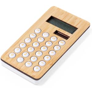 A bamboo calculator with a digital display and white buttons, featuring a sleek, natural design.