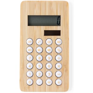 A bamboo calculator with a digital display and white buttons, featuring a minimalist design.