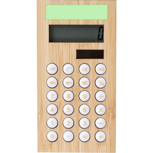 A bamboo calculator featuring a digital display and white buttons, ideal for office and business use.