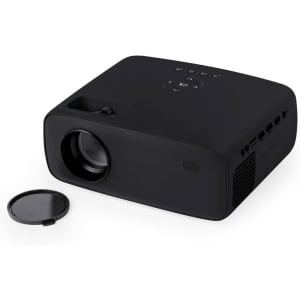 A compact black projector with a removable lens cap and various ventilation openings, featuring a logo on top.