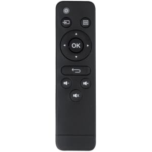 A black remote control featuring various buttons, including navigation and volume controls. It has a circular central button.