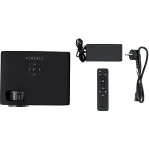 A black projector with a remote control, power adapter, and cable. It features control buttons on the top surface.
