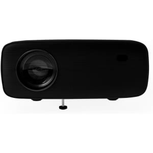 A black projector with a lens and a small stand, featuring a sleek, modern design.