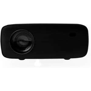A black projector featuring a large lens, with a sleek and minimalist design, including a branding logo.